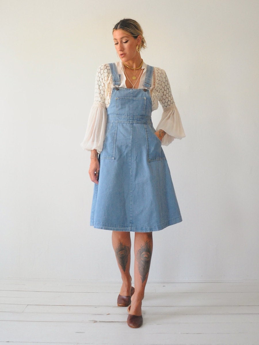 vintage denim dungaree dress Vintage Cobalt Blue Dungaree Dress Denim Pinafore Jean Apron Girly Fashion L