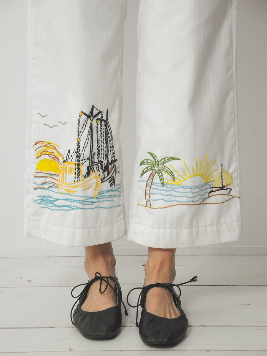 70's Embroidered Tropical Island Pants
