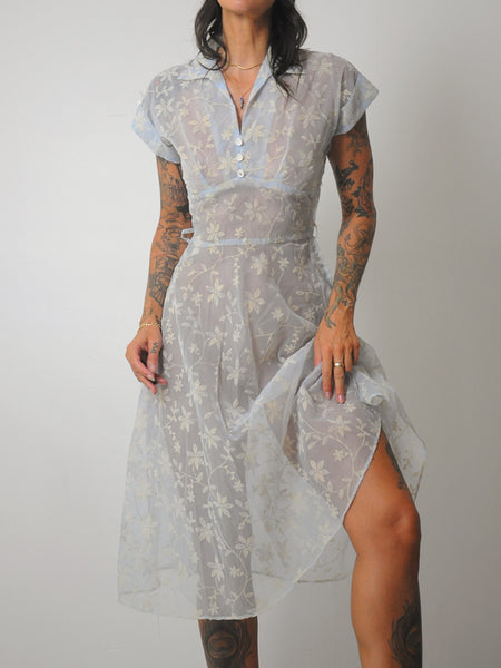 1950's Flocked Sheer Floral Dress