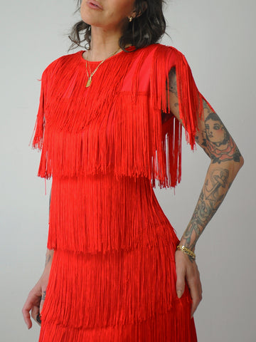 1980's Red Fringe Flapper Dress