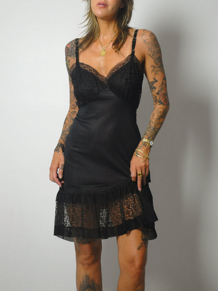 1970's Black Ruffle Lace Slip