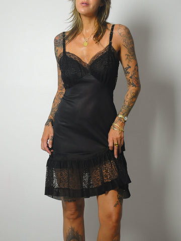 1970's Black Ruffle Lace Slip