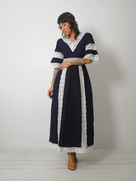 1970's Navy Crochet Pintuck Dress