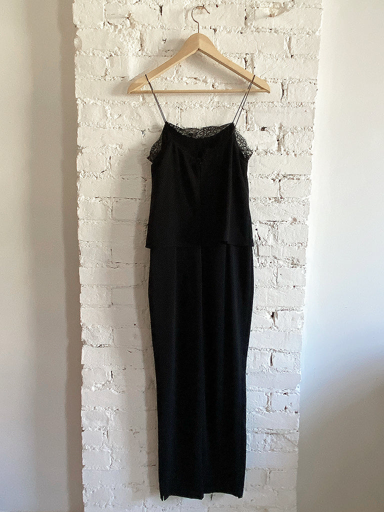zara lace jumpsuit dress Zara Basic Satin Green Lace Trim Side and Back Tie Jumpsuit- Size S The Saved Collection