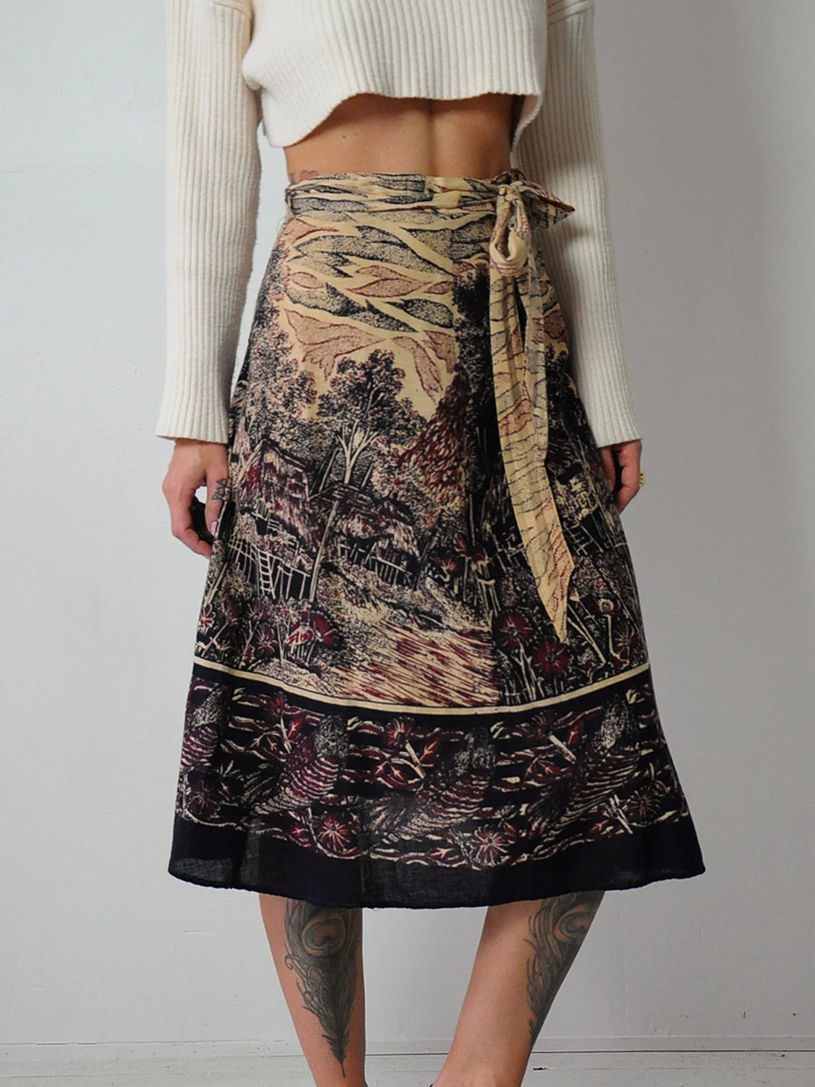 1970's Landscape & Bird Batik Wrap Skirt