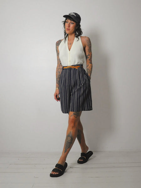 Navy Linen Pinstriped Shorts