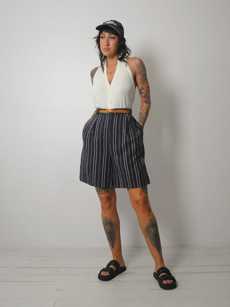 Navy Linen Pinstriped Shorts