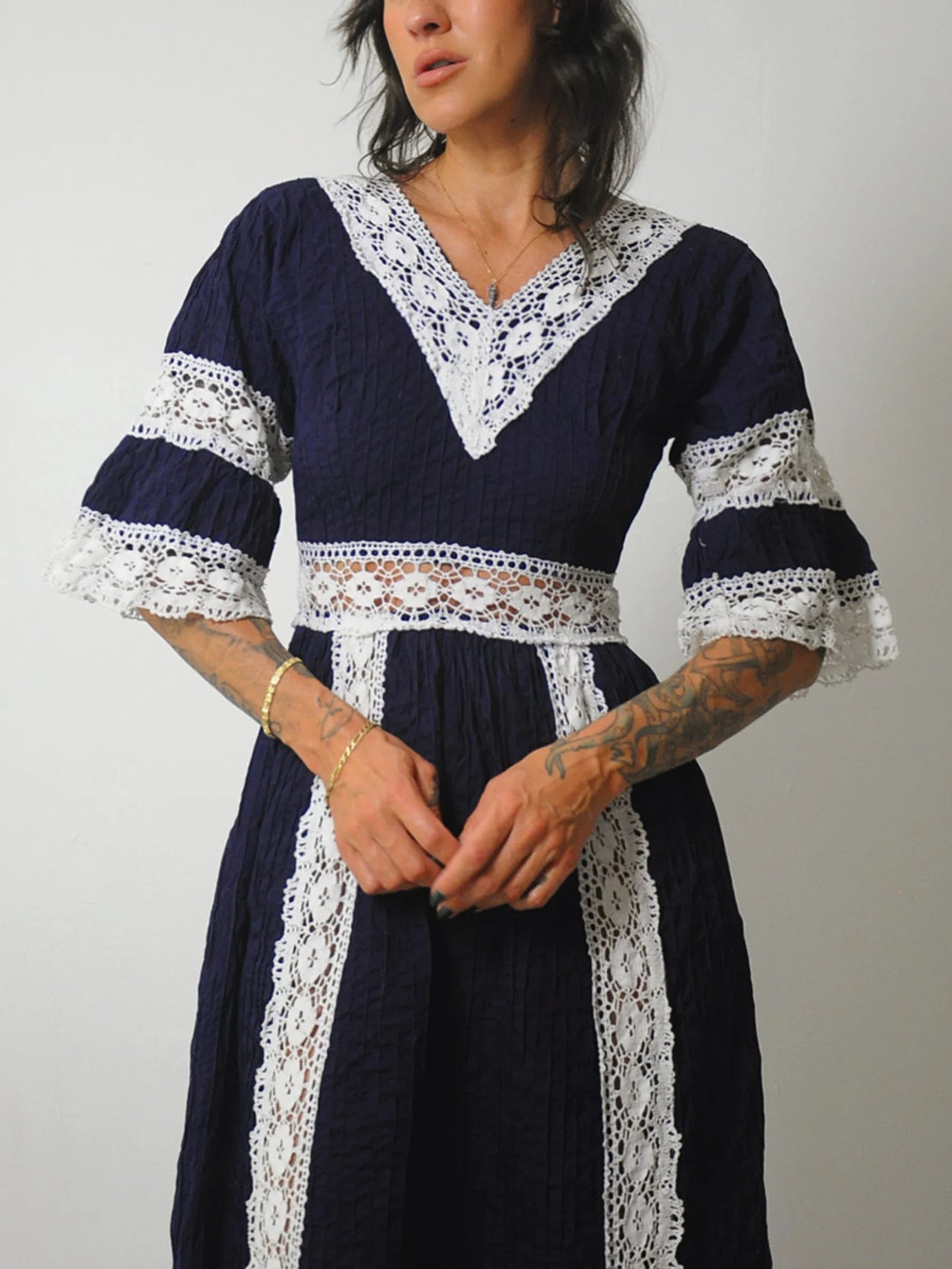 1970's Navy Crochet Pintuck Dress