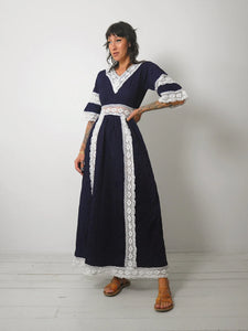 1970's Navy Crochet Pintuck Dress