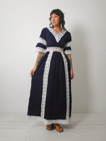 1970's Navy Crochet Pintuck Dress