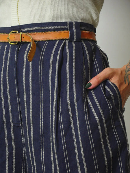 Navy Linen Pinstriped Shorts