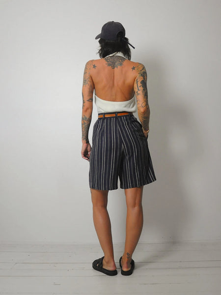 Navy Linen Pinstriped Shorts