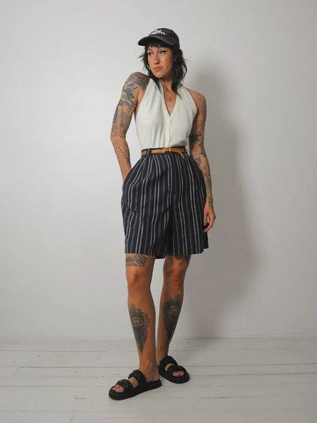 Navy Linen Pinstriped Shorts