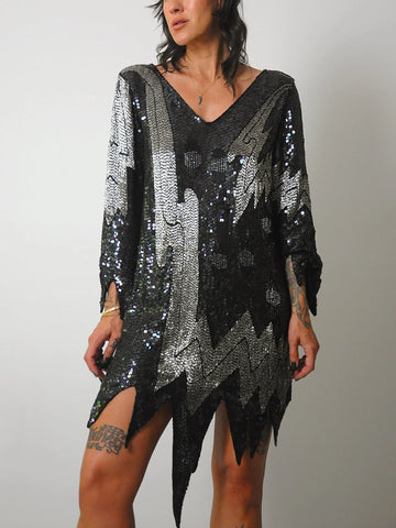 1980's Silk Sequined Flapper Dress