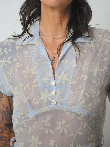 1950's Flocked Sheer Floral Dress