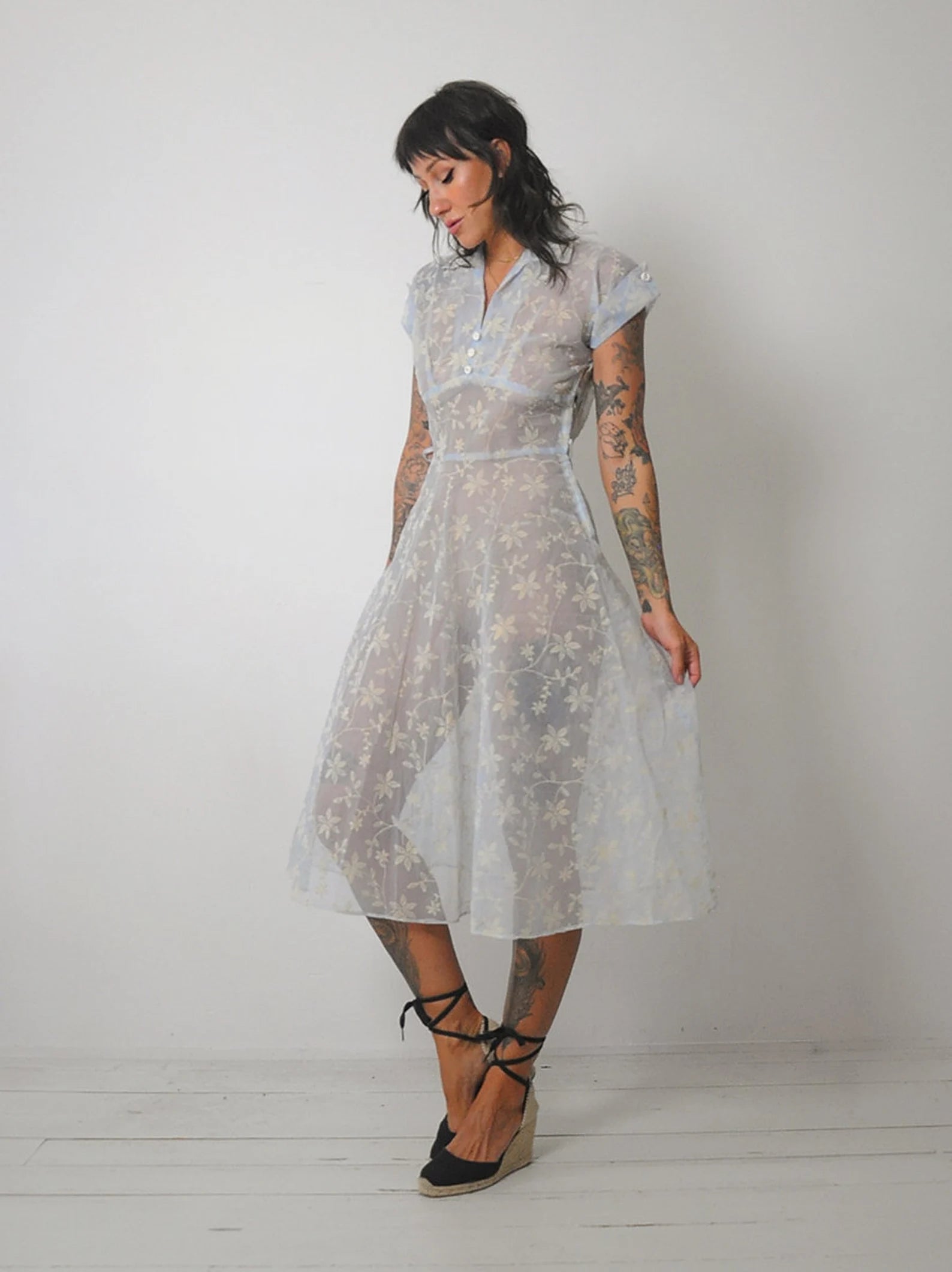 1950's Flocked Sheer Floral Dress