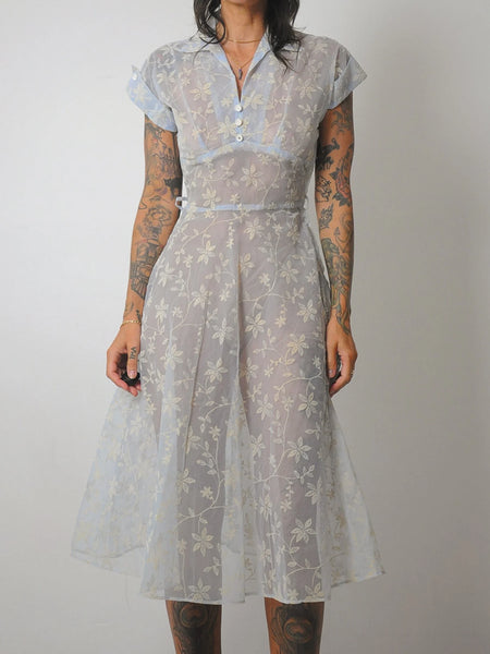 1950's Flocked Sheer Floral Dress