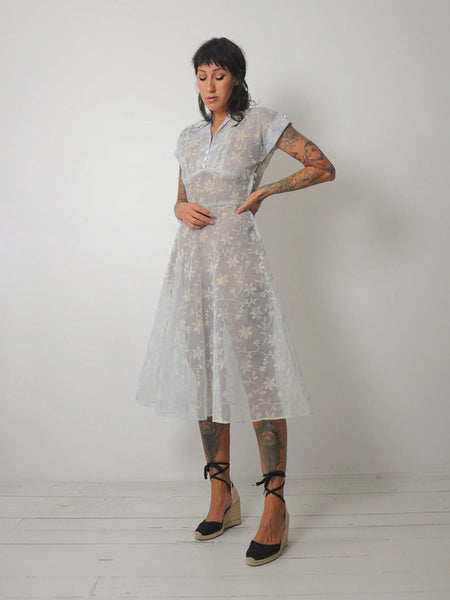 1950's Flocked Sheer Floral Dress