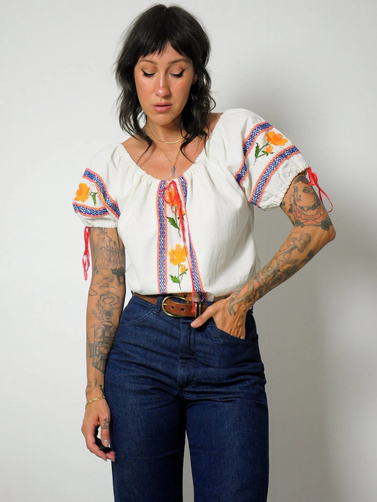 1970s Floral Embroidered Peasant Blouse