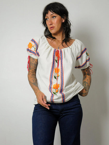 1970s Floral Embroidered Peasant Blouse