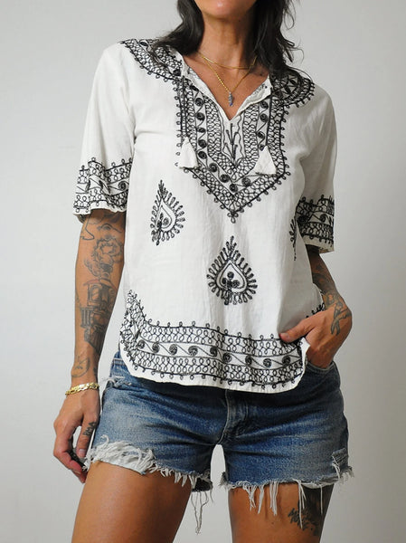 1970's Black Embroidered Blouse