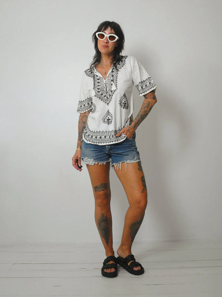 1970's Black Embroidered Blouse