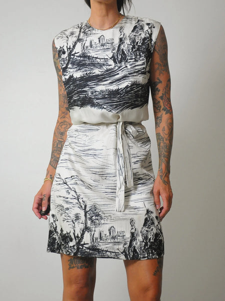 1960's Pastoral Sketch Silk Dress