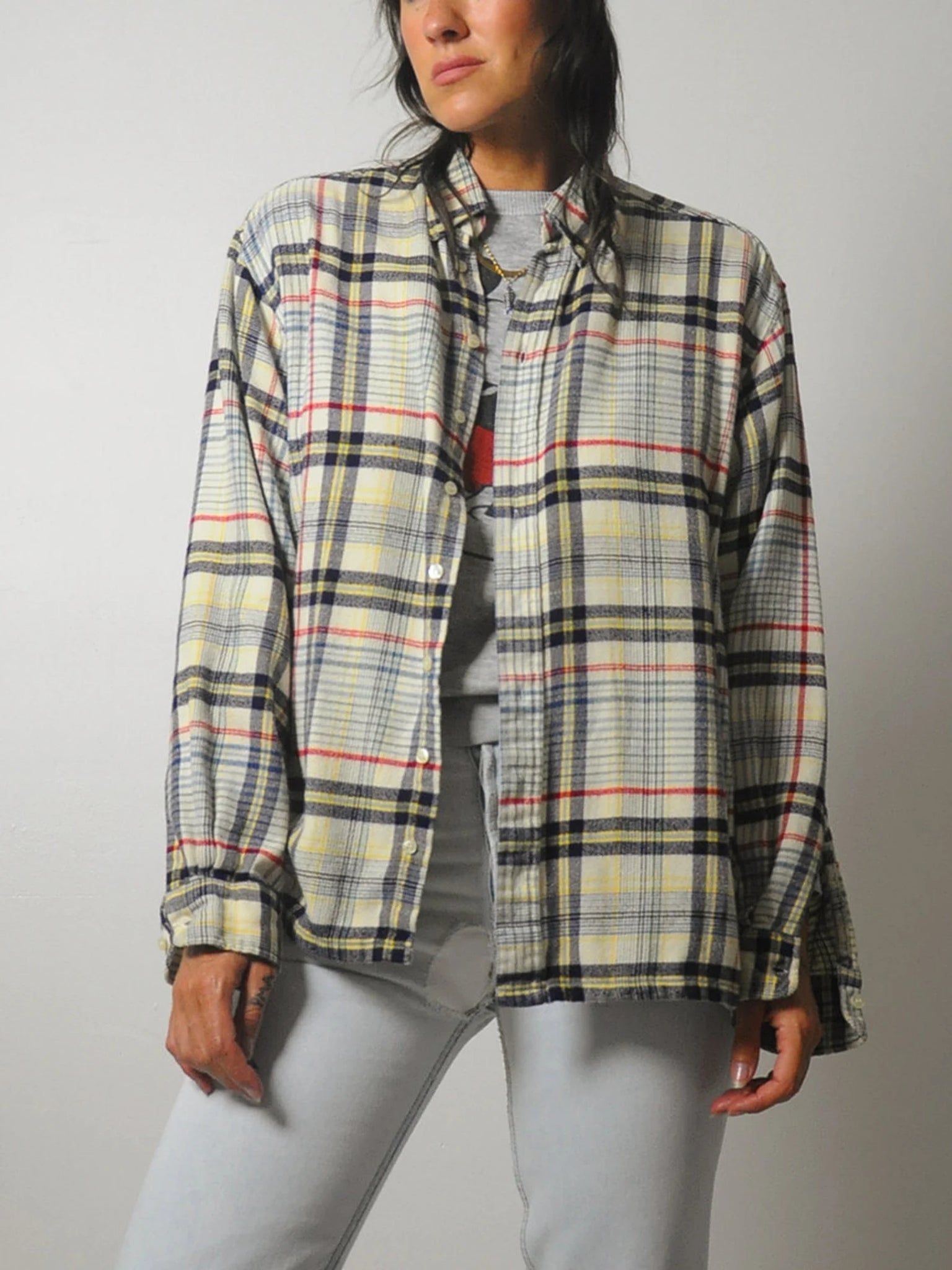 1990's Cream Tartan Plaid Flannel