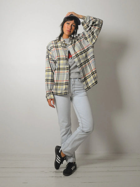 1990's Cream Tartan Plaid Flannel