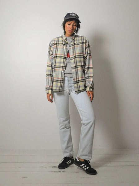 1990's Cream Tartan Plaid Flannel