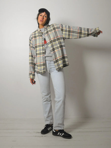 1990's Cream Tartan Plaid Flannel