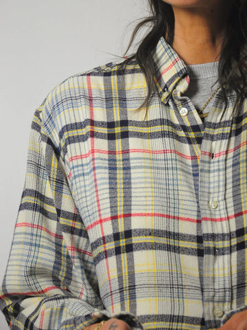 1990's Cream Tartan Plaid Flannel