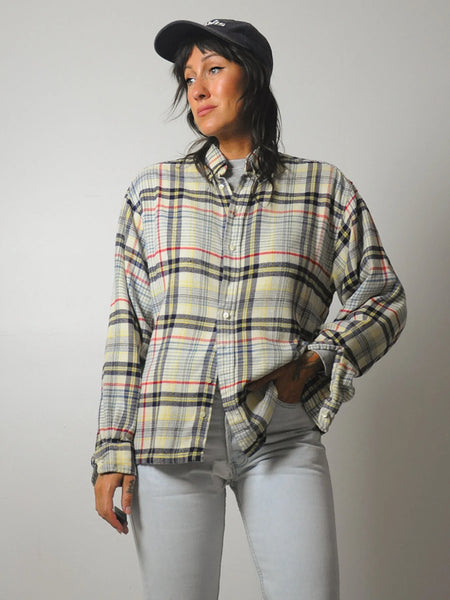 1990's Cream Tartan Plaid Flannel