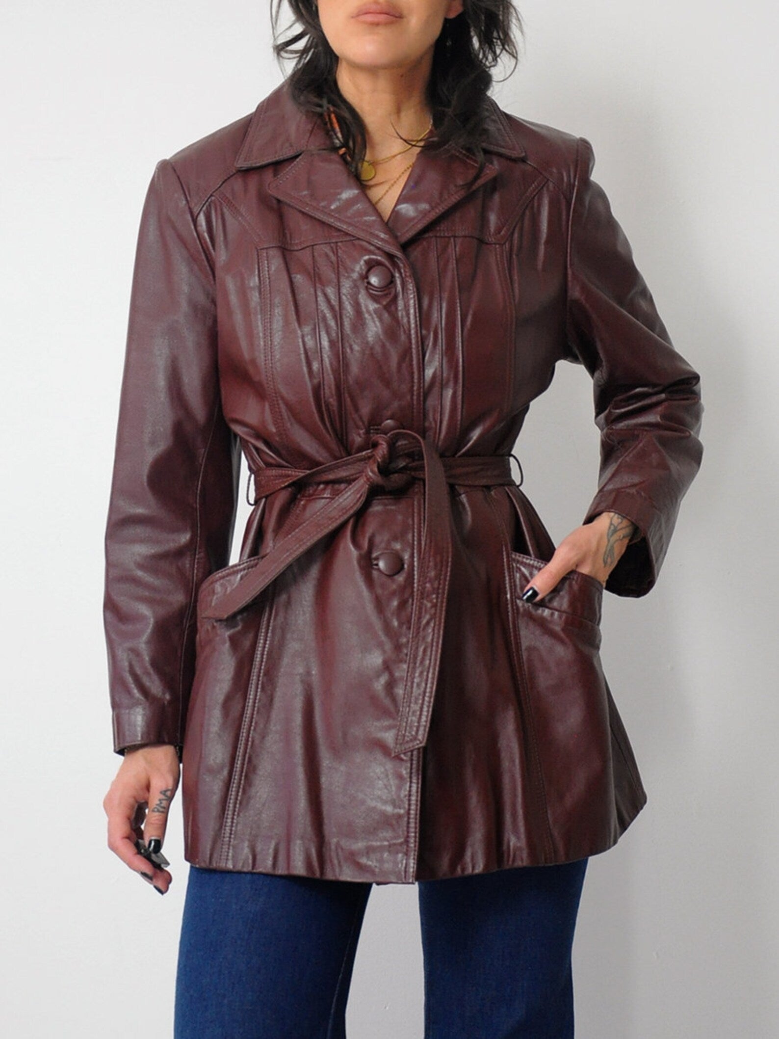 1970's Merlot Leather Trench Coat