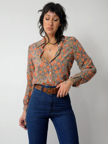1970's French Floral Silk Blouse