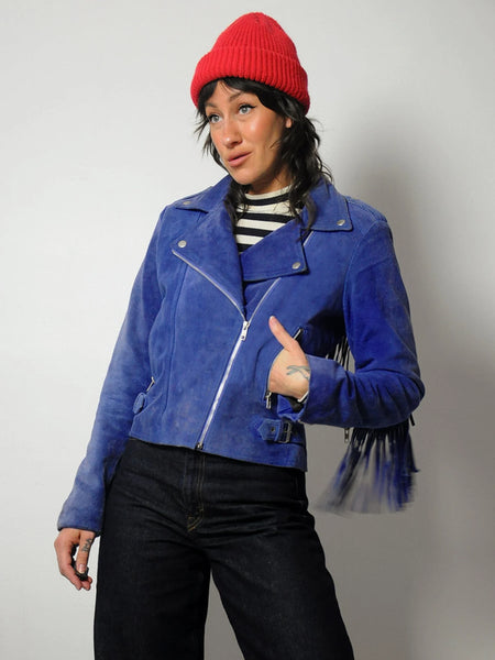 British Blue Suede Fringe Moto jacket