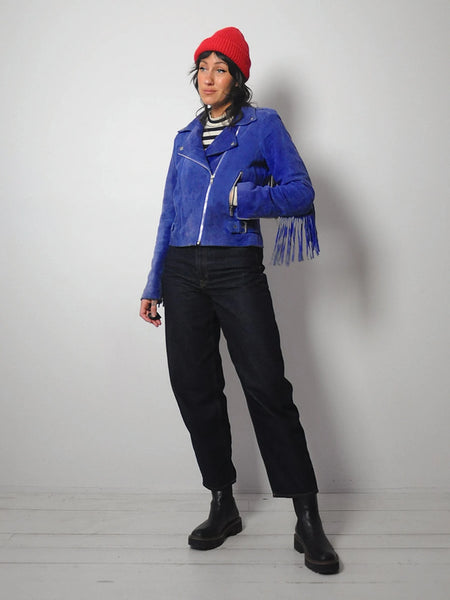 British Blue Suede Fringe Moto jacket