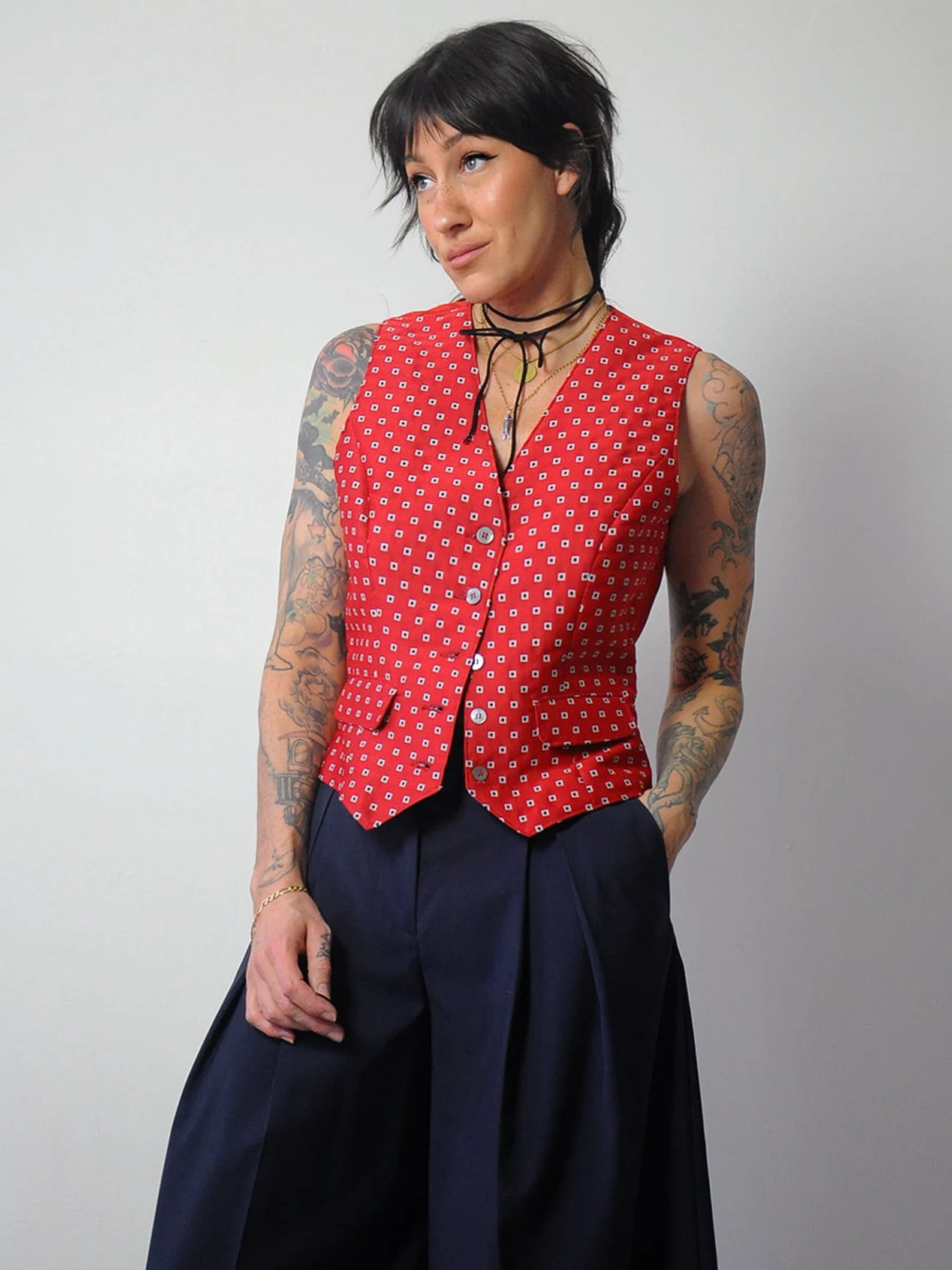 1980's Red Square Print Vest