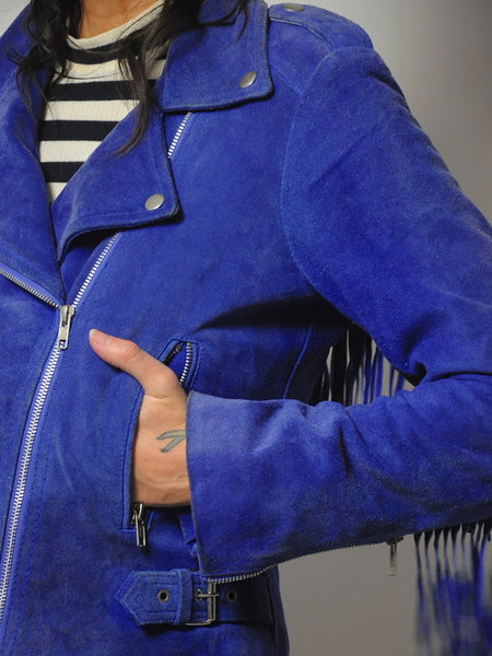 British Blue Suede Fringe Moto jacket