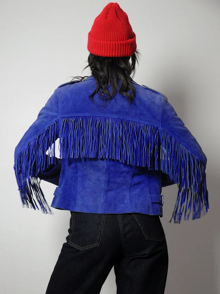 British Blue Suede Fringe Moto jacket