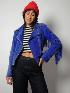 British Blue Suede Fringe Moto jacket