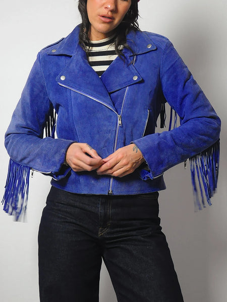 British Blue Suede Fringe Moto jacket