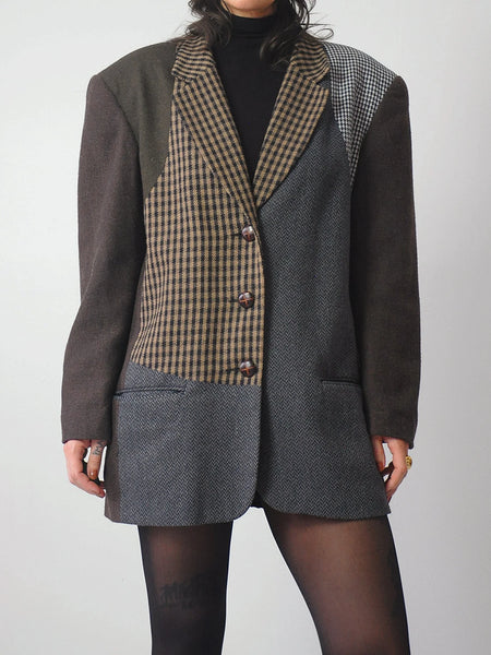 Wool Patchwork Plaid Blazer