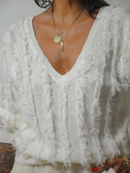 White Fringe Shaggy Sweater