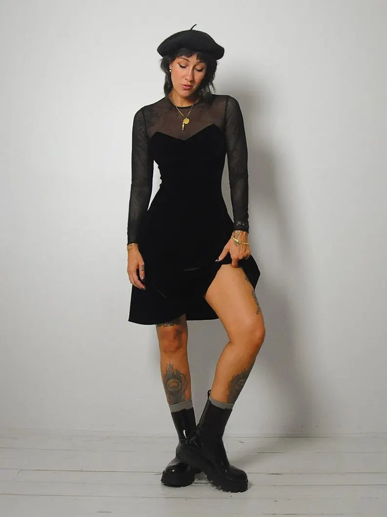 1990's Mesh Sleeve Velvet Dress