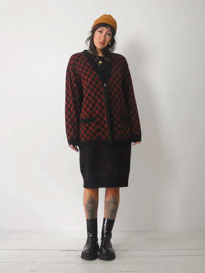 Draped Checkerboard Cardigan