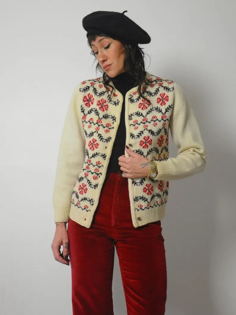 1970's Handknit Floral Cardigan