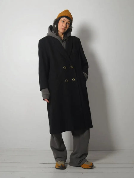 1980's Black Minimal Wool Peacoat