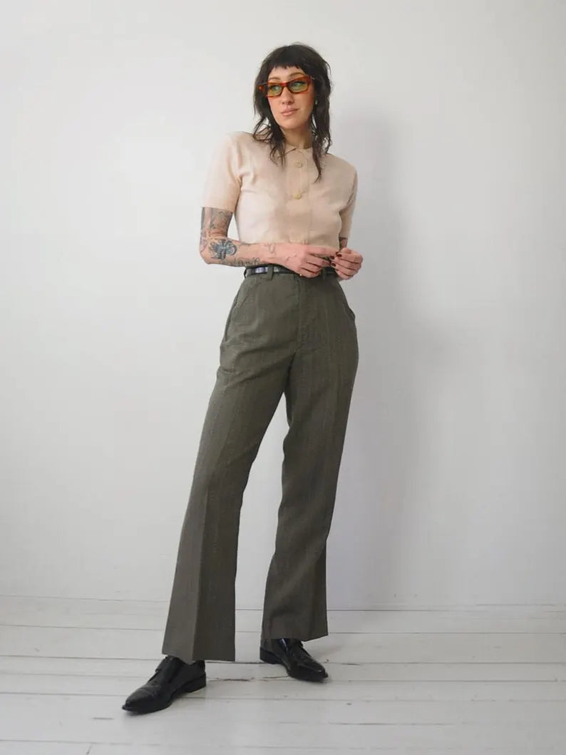 1970's Green Flared Trousers 34x31.5