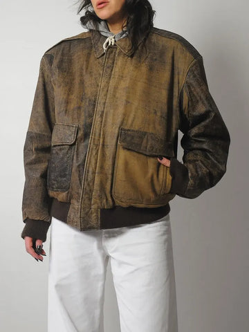 90's Distressed Brown Leather Bomber